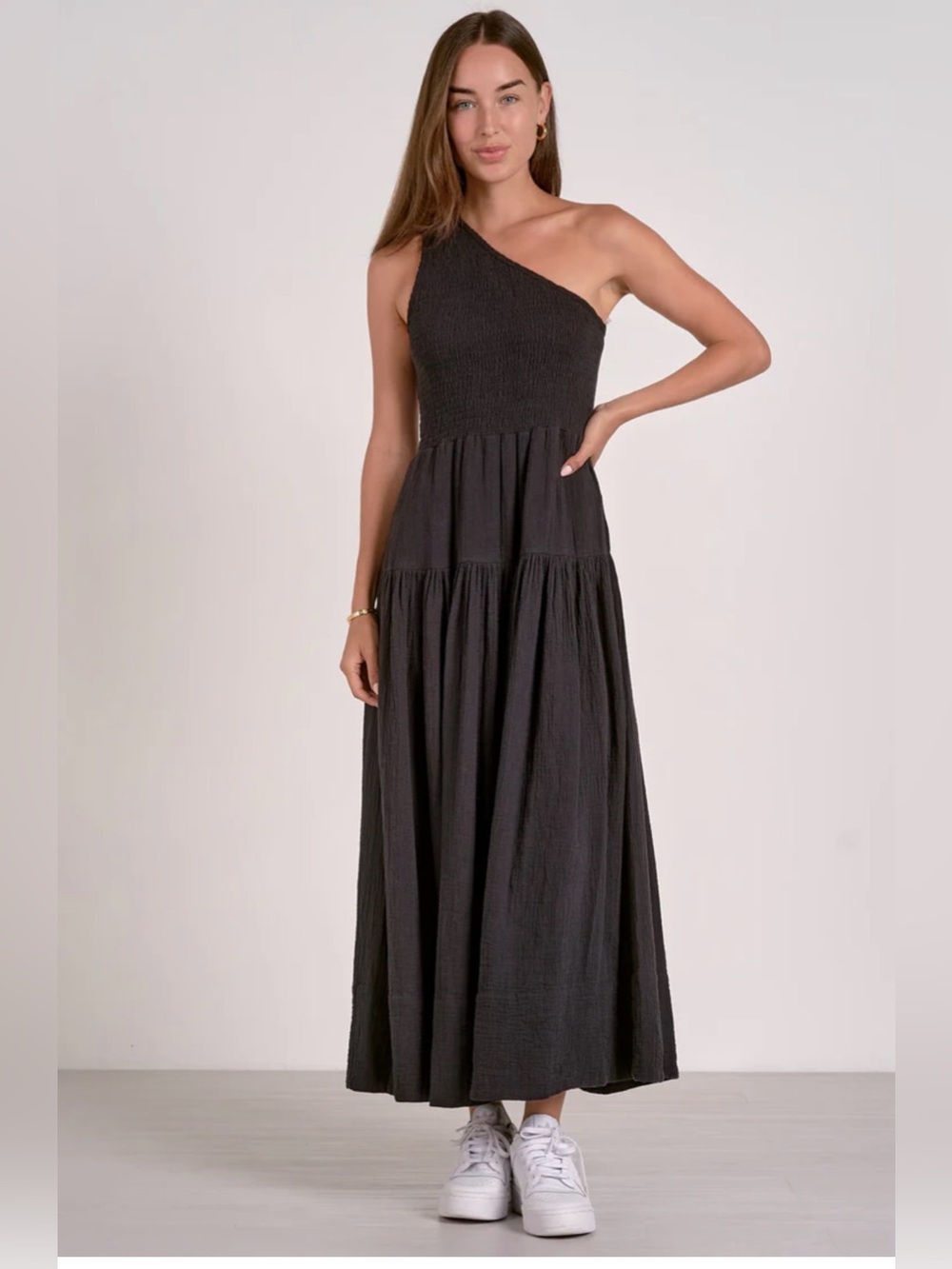 Elan the Grace One-Shoulder Black Maxi Dress with pockets %100 cotton NWT